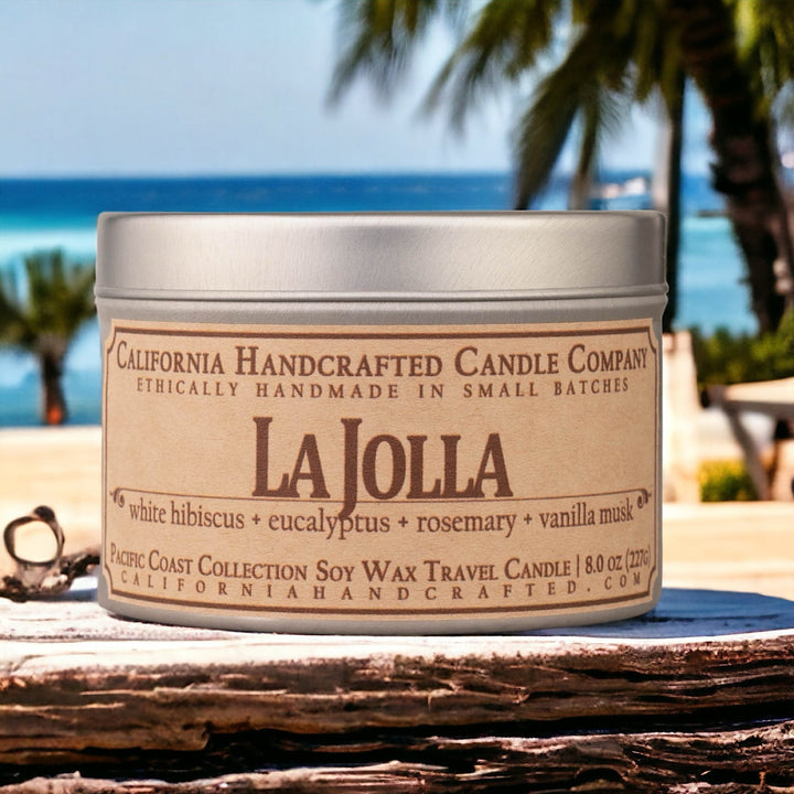 La Jolla Soy Wax Travel Candle | White Hibiscus + Eucalyptus + Rosemary | 8 oz Tin - California Handcrafted