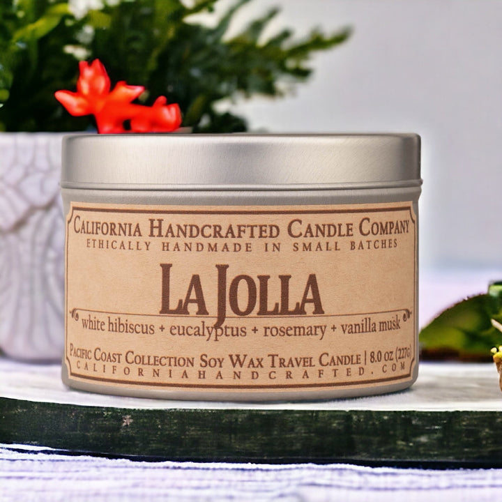 La Jolla Soy Wax Travel Candle | White Hibiscus + Eucalyptus + Rosemary | 8 oz Tin - California Handcrafted