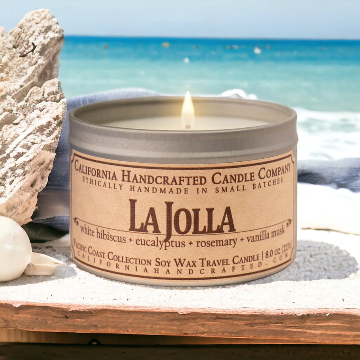 La Jolla Soy Wax Travel Candle | White Hibiscus + Eucalyptus + Rosemary | 8 oz Tin - California Handcrafted