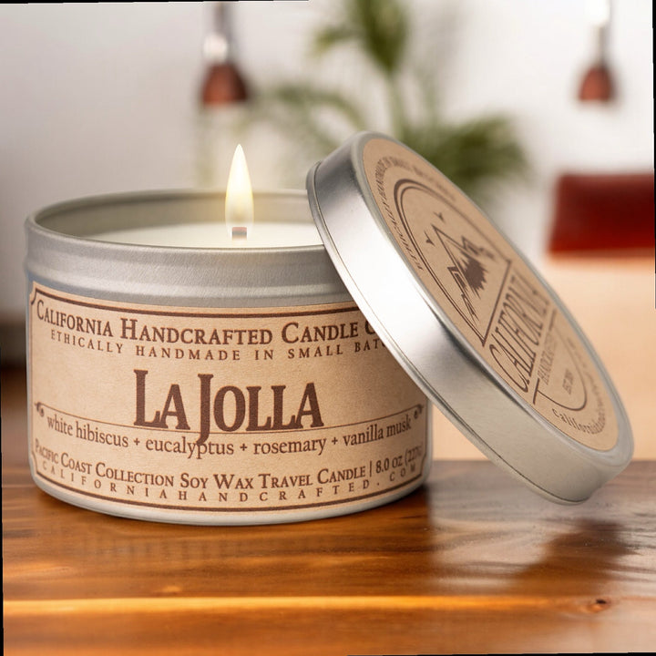 La Jolla Soy Wax Travel Candle | White Hibiscus + Eucalyptus + Rosemary | 8 oz Tin - California Handcrafted