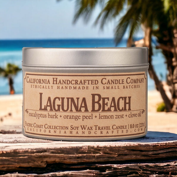 Laguna Beach Soy Wax Travel Candle | Eucalyptus Bark + Orange Peel + Lemon Zest | 8 oz Tin - California Handcrafted