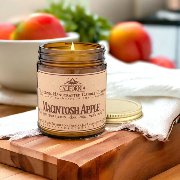 Macintosh Apple Scented Soy Wax Jar Candle | Green Leaves + Pear + Plum + Cinnamon + Sugar + Smoke - California Handcrafted