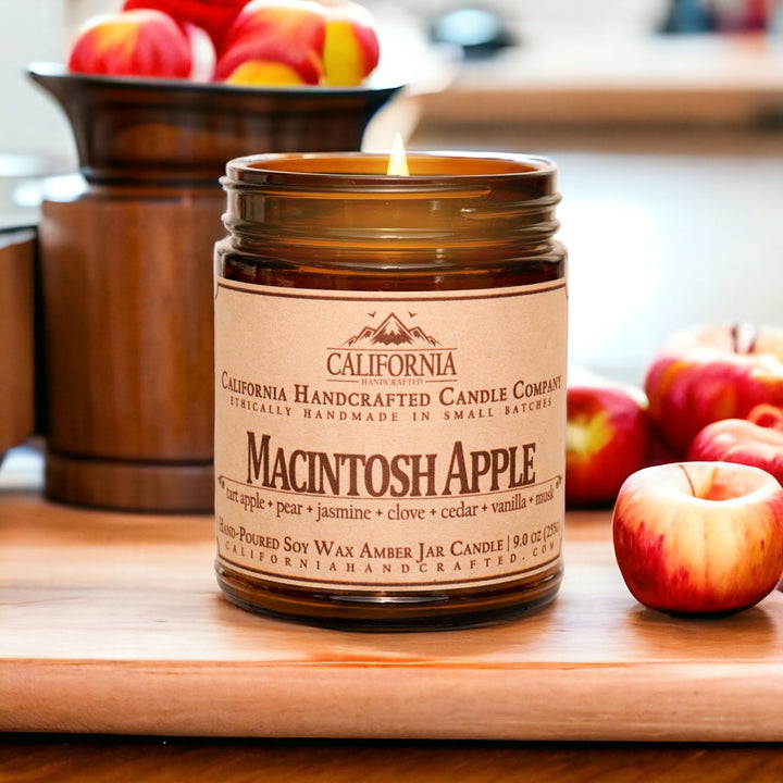 Macintosh Apple Scented Soy Wax Jar Candle | Green Leaves + Pear + Plum + Cinnamon + Sugar + Smoke - California Handcrafted