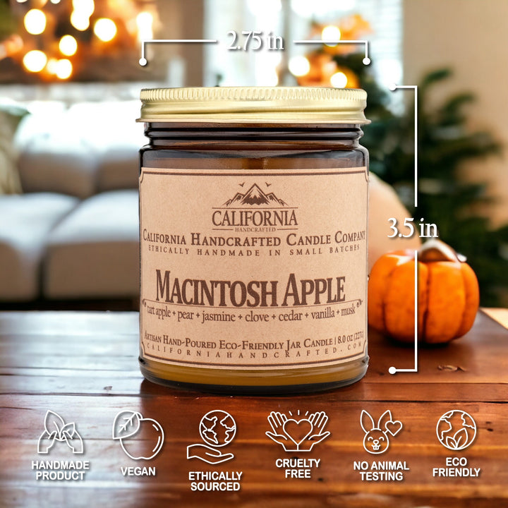 Macintosh Apple Scented Soy Wax Jar Candle | Green Leaves + Pear + Plum + Cinnamon + Sugar + Smoke - California Handcrafted