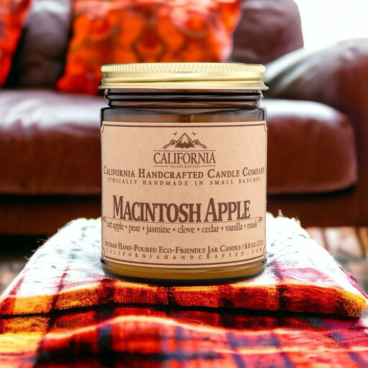 Macintosh Apple Scented Soy Wax Jar Candle | Green Leaves + Pear + Plum + Cinnamon + Sugar + Smoke - California Handcrafted