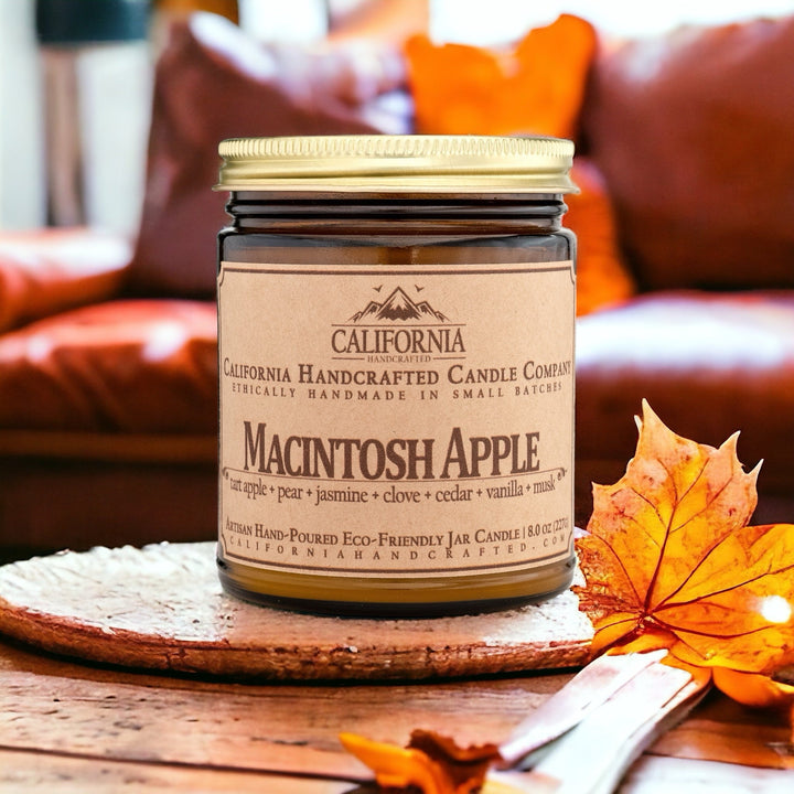 Macintosh Apple Scented Soy Wax Jar Candle | Green Leaves + Pear + Plum + Cinnamon + Sugar + Smoke - California Handcrafted