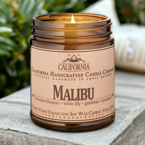 Malibu Soy Wax Amber Jar Candle | Nectarine Blossom + White Lily + Gardenia | 9 oz Jar - California Handcrafted