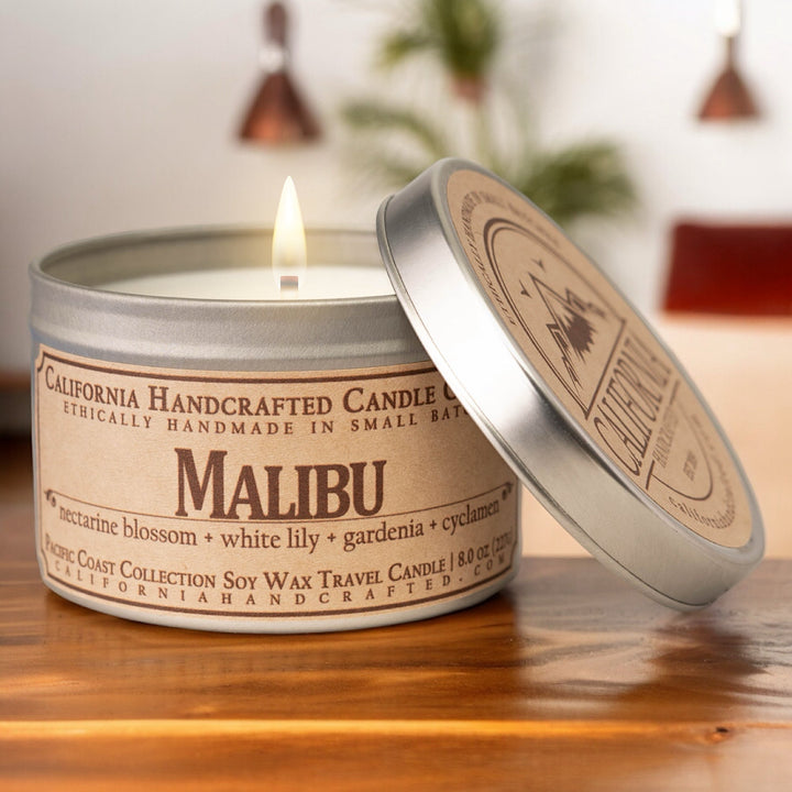 Malibu Soy Wax Travel Candle | Nectarine Blossom + White Lily + Gardenia | 8 oz Tin - California Handcrafted