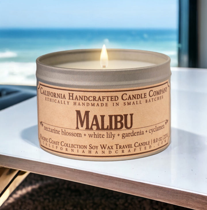 Malibu Soy Wax Travel Candle | Nectarine Blossom + White Lily + Gardenia | 8 oz Tin - California Handcrafted