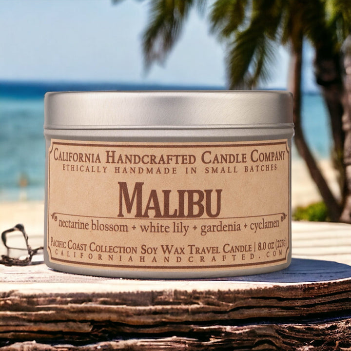 Malibu Soy Wax Travel Candle | Nectarine Blossom + White Lily + Gardenia | 8 oz Tin - California Handcrafted