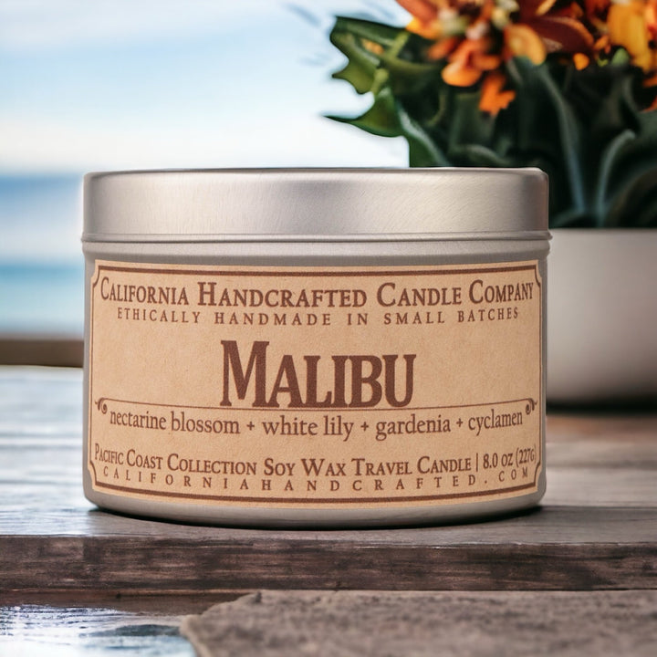 Malibu Soy Wax Travel Candle | Nectarine Blossom + White Lily + Gardenia | 8 oz Tin - California Handcrafted