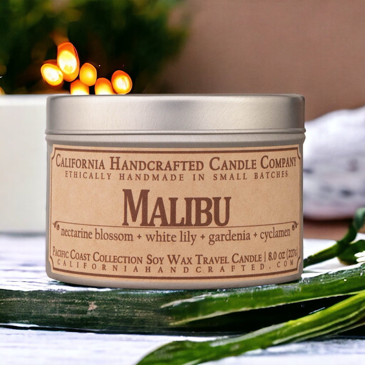 Malibu Soy Wax Travel Candle | Nectarine Blossom + White Lily + Gardenia | 8 oz Tin - California Handcrafted