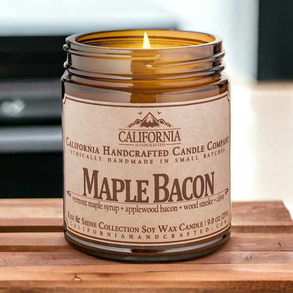 Maple Bacon Soy Wax Amber Jar Candle | Vermont Maple Syrup + Applewood Bacon + Wood Smoke | 9 oz Jar - California Handcrafted