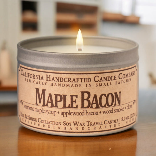 Maple Bacon Soy Wax Travel Candle | Vermont Maple Syrup + Applewood Bacon + Wood Smoke | 8 oz Tin - California Handcrafted