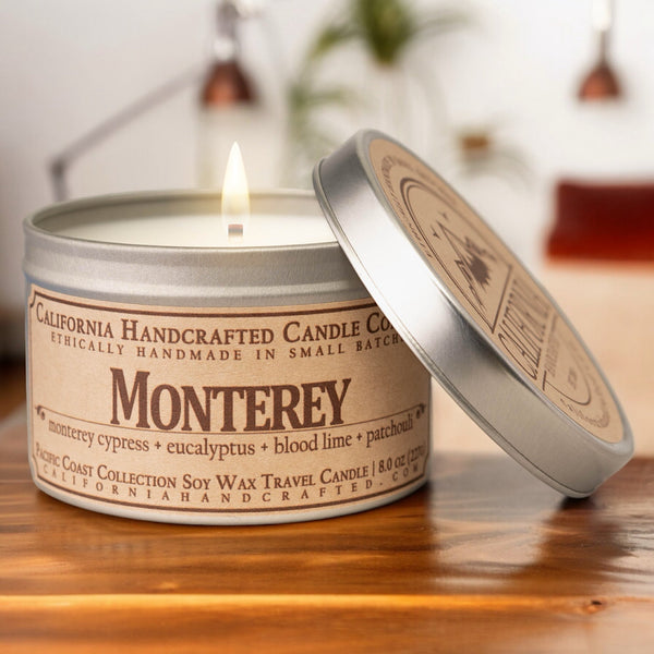 Monterey Soy Wax Travel Candle | Monterey Cypress + Eucalyptus + Blood Lime | 8 oz Tin - California Handcrafted