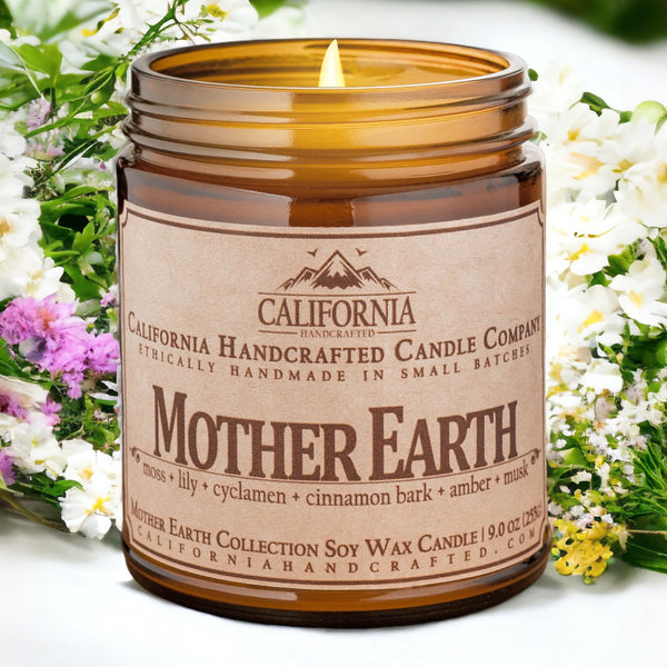Mother Earth Soy Wax Amber Jar Candle | Moss + Lily + Cyclamen | 9 oz Jar - California Handcrafted
