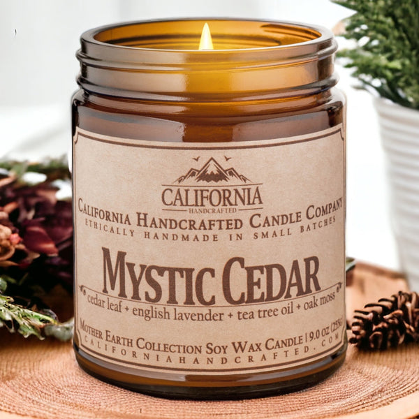 Mystic Cedar Soy Wax Amber Jar Candle | Cedar Leaf + English Lavender + Tea Tree Oil | 9 oz Jar - California Handcrafted