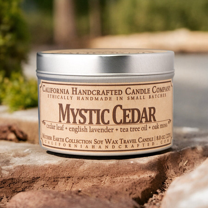 Mystic Cedar Soy Wax Travel Candle | Cedar Leaf + English Lavender + Tea Tree Oil | 8 oz Tin - California Handcrafted