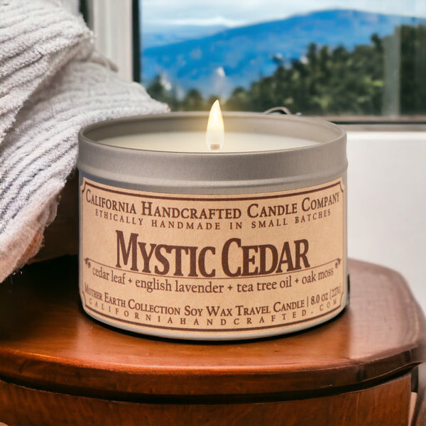 Mystic Cedar Soy Wax Travel Candle | Cedar Leaf + English Lavender + Tea Tree Oil | 8 oz Tin - California Handcrafted