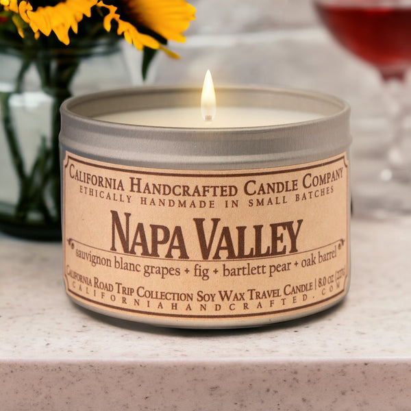 Napa Valley Soy Wax Travel Candle | Sauvignon Blanc Grapes + Fig + Bartlett Pear | 8 oz Tin - California Handcrafted