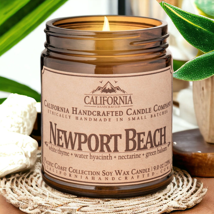 Newport Beach Soy Wax Amber Jar Candle | White Thyme + Water Hyacinth + Nectarine | 9 oz Jar - California Handcrafted