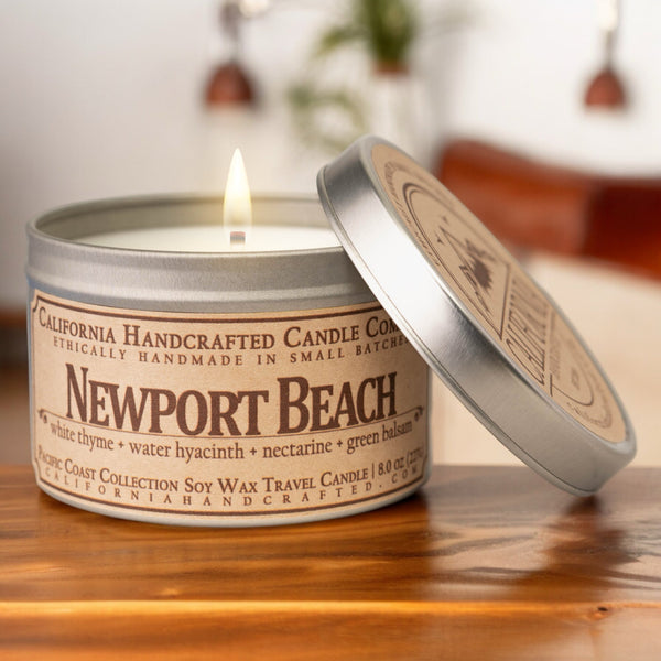 Newport Beach Soy Wax Travel Candle | White Thyme + Water Hyacinth + Nectarine | 8 oz Tin - California Handcrafted