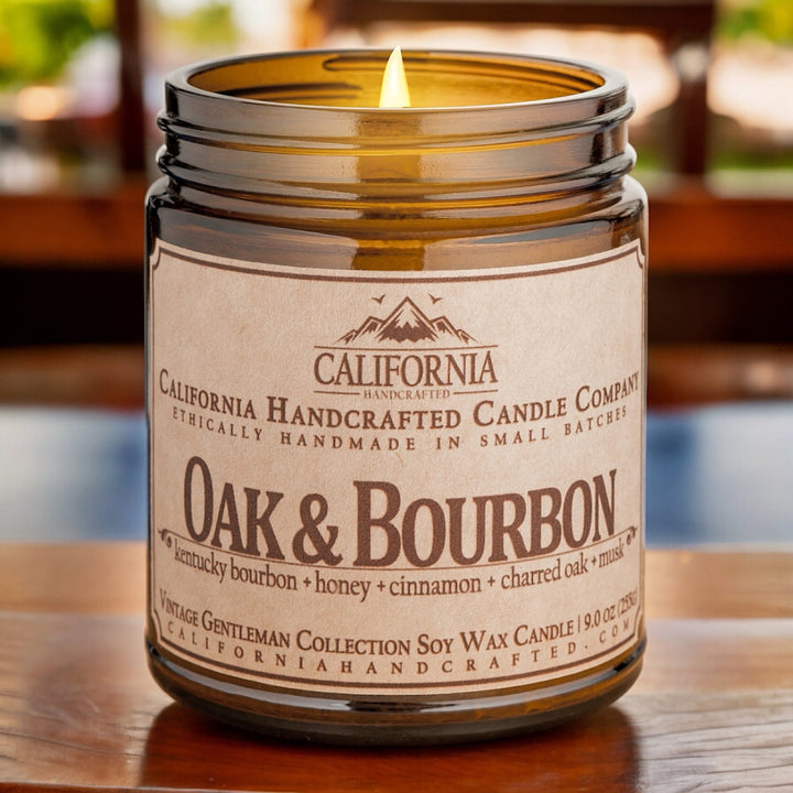 Oak & Bourbon Soy Wax Amber Jar Candle | Kentucky Bourbon + Honey + Cinnamon | 9 oz Jar - California Handcrafted