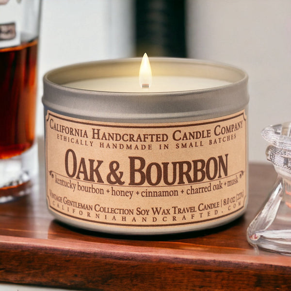 Oak & Bourbon Soy Wax Travel Candle | Kentucky Bourbon + Honey + Cinnamon | 8 oz Tin - California Handcrafted