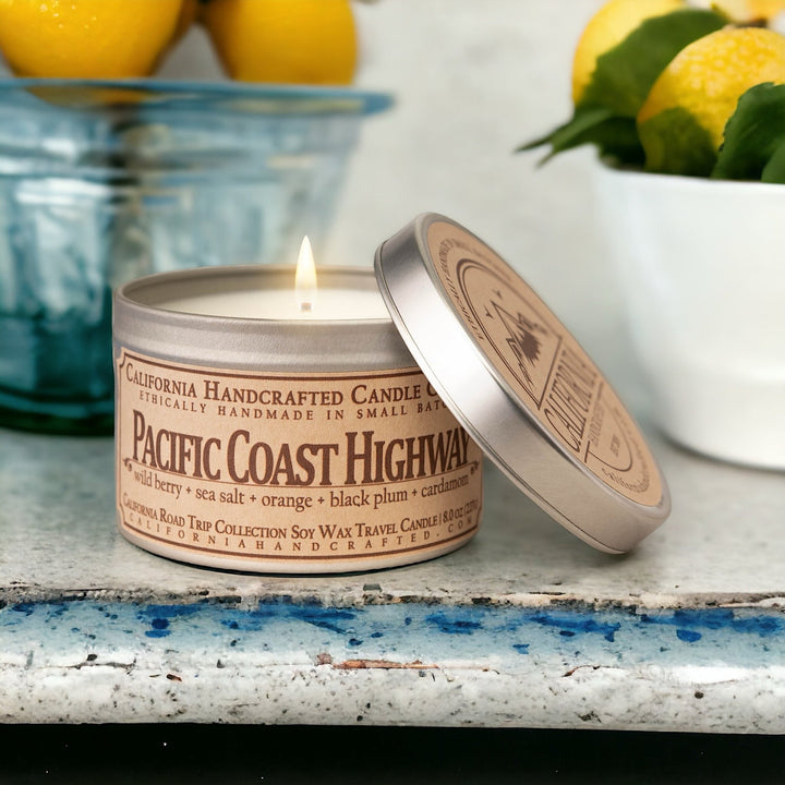 Pacific Coast Highway Soy Wax Travel Candle | Wild Berry + Sea Salt + Orange | 8 oz Tin - California Handcrafted