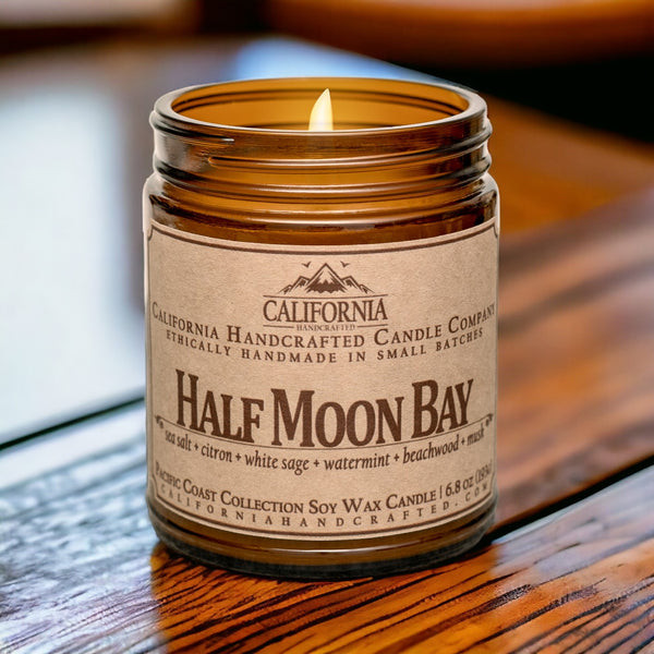 Half Moon Bay Scented Soy Wax Jar Candle | Sea Salt + Citron + White Sage + Watermint + Beachwood + Musk