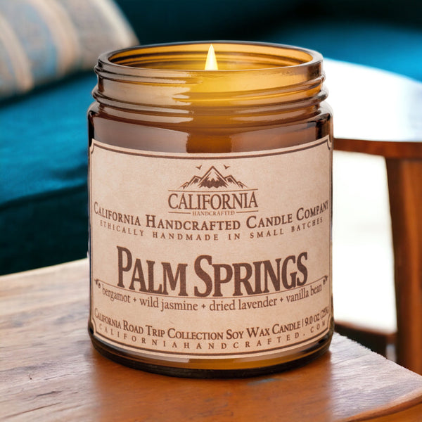 Palm Springs Soy Wax Amber Jar Candle | Bergamot + Wild Jasmine + Dried Lavender | 9 oz Jar - California Handcrafted