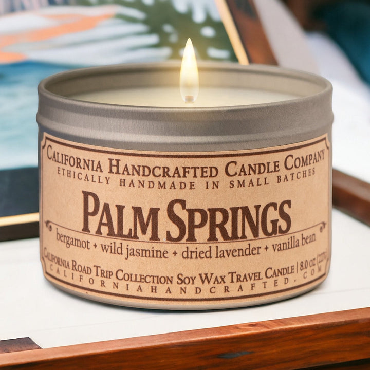 Palm Springs Soy Wax Travel Candle | Bergamot + Wild Jasmine + Dried Lavender | 8 oz Tin - California Handcrafted