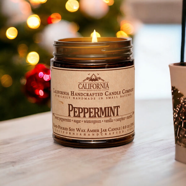 Peppermint Scented Soy Wax Jar Candle | Sweet Peppermint + Sugar + Mint + Vanilla + Cream - California Handcrafted