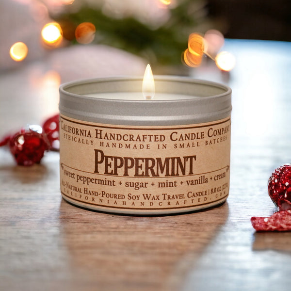 Peppermint Scented Soy Wax Travel Candle | Sweet Peppermint + Sugar + Mint + Vanilla + Cream - California Handcrafted