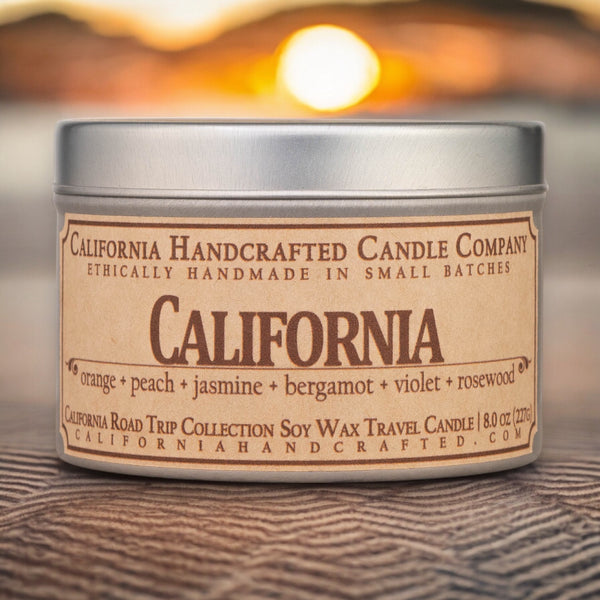 California Scented Soy Wax Travel Candle | Orange + Peach + Jasmine + Bergamot + Violet + Rosewood