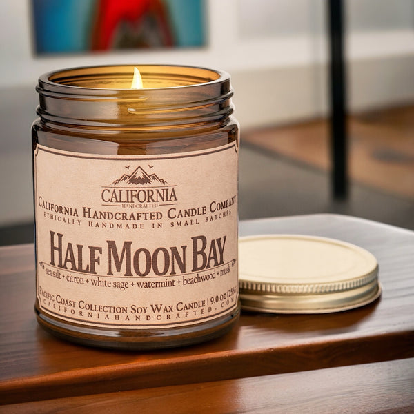Half Moon Bay Scented Soy Wax Jar Candle | Sea Salt + Citron + White Sage + Watermint + Beachwood + Musk