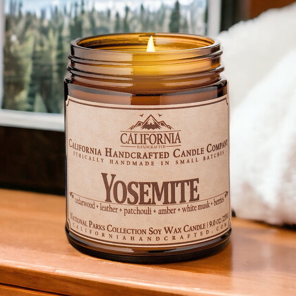 Yosemite Soy Wax Amber Jar Candle | Cedarwood  +  Leather  +  Patchouli  | 9 oz Jar