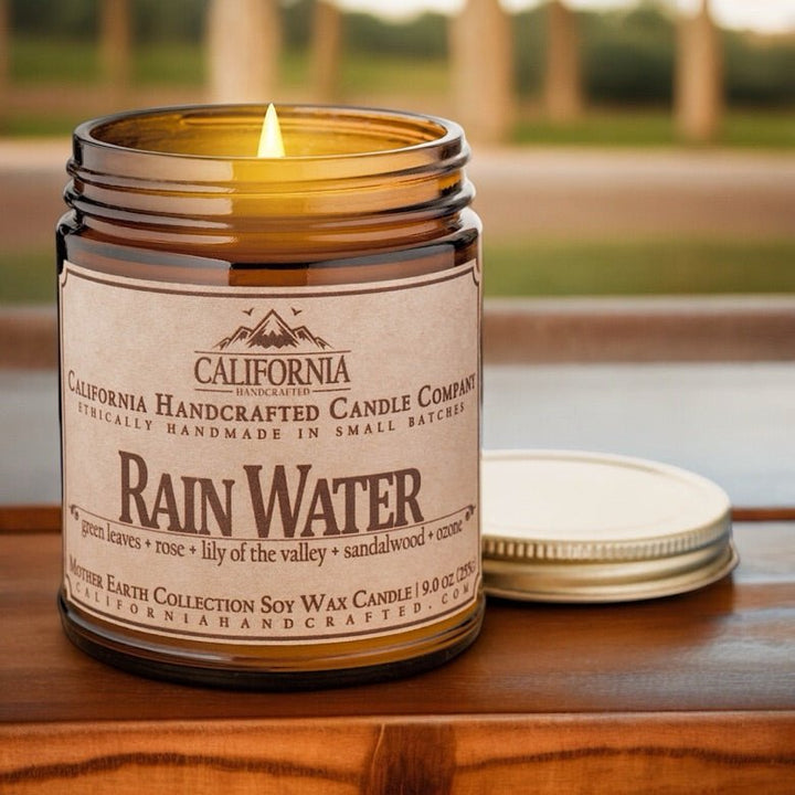 Rain Water Soy Wax Amber Jar Candle | Green Leaves + Rose + Lily Of The Valley | 9 oz Jar - California Handcrafted