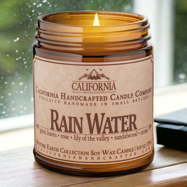 Rain Water Soy Wax Amber Jar Candle | Green Leaves + Rose + Lily Of The Valley | 9 oz Jar - California Handcrafted