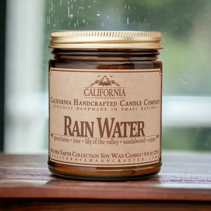 Rain Water Soy Wax Amber Jar Candle | Green Leaves + Rose + Lily Of The Valley | 9 oz Jar - California Handcrafted