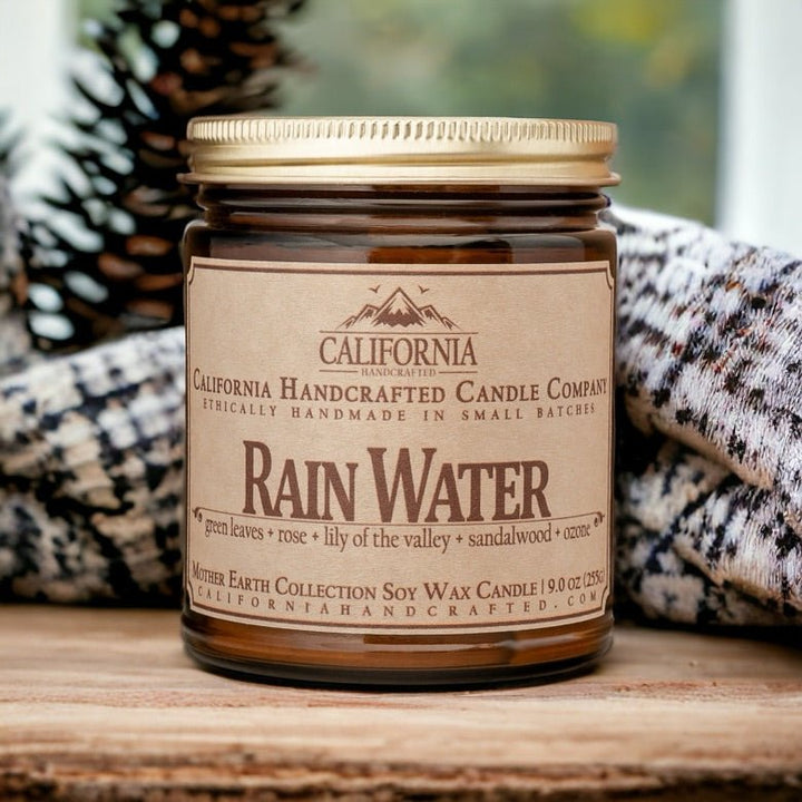 Rain Water Soy Wax Amber Jar Candle | Green Leaves + Rose + Lily Of The Valley | 9 oz Jar - California Handcrafted