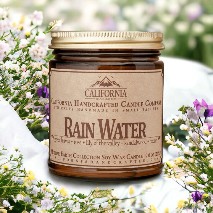 Rain Water Soy Wax Amber Jar Candle | Green Leaves + Rose + Lily Of The Valley | 9 oz Jar - California Handcrafted