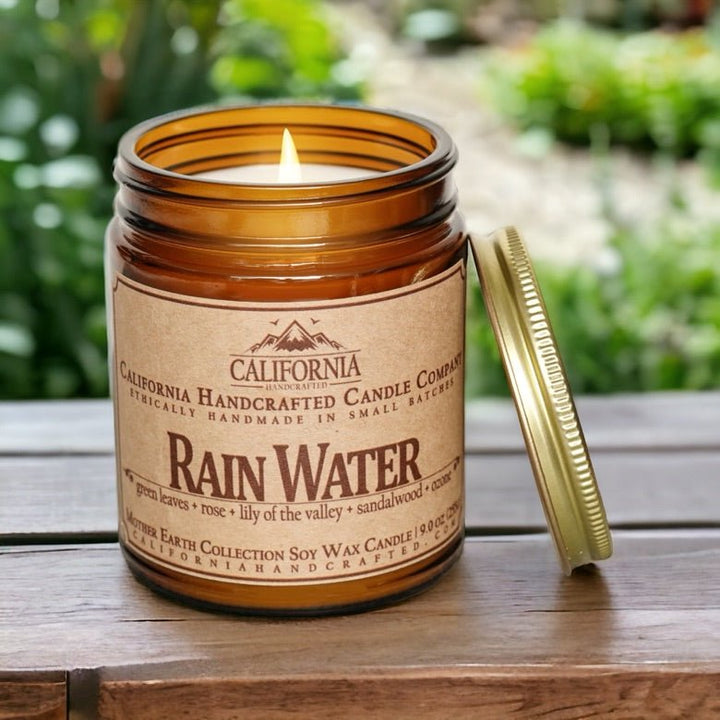 Rain Water Soy Wax Amber Jar Candle | Green Leaves + Rose + Lily Of The Valley | 9 oz Jar - California Handcrafted