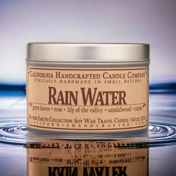 Rain Water Soy Wax Travel Candle | Green Leaves + Rose + Lily Of The Valley | 8 oz Tin - California Handcrafted