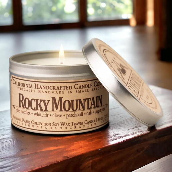 Rocky Mountain Soy Wax Travel Candle | Pine Needles + White Fir + Clove | 8 oz Tin - California Handcrafted