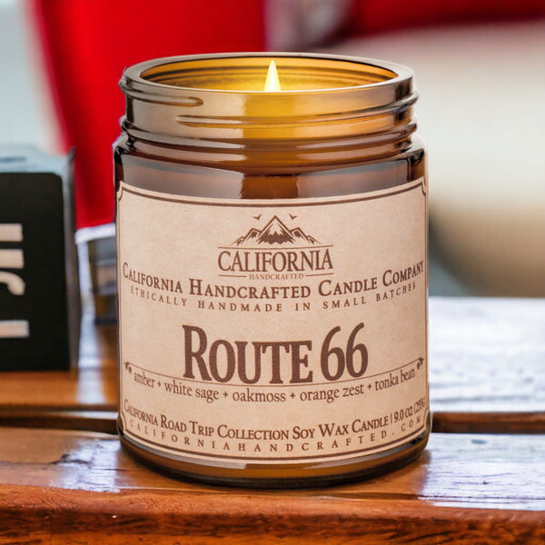 Route 66 Soy Wax Amber Jar Candle | Amber + White Sage + Oakmoss | 9 oz Jar - California Handcrafted