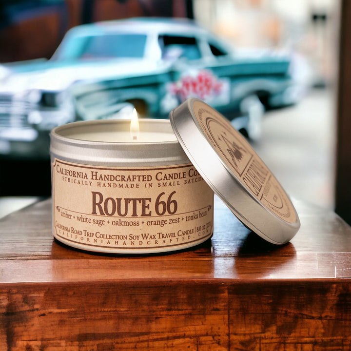 Route 66 Soy Wax Travel Candle | Amber + White Sage + Oakmoss | 8 oz Tin - California Handcrafted