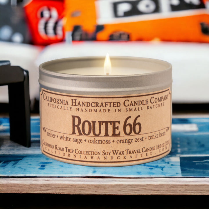 Route 66 Soy Wax Travel Candle | Amber + White Sage + Oakmoss | 8 oz Tin - California Handcrafted