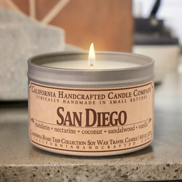 San Diego Soy Wax Travel Candle | Mandarin + Nectarine + Coconut | 8 oz Tin - California Handcrafted