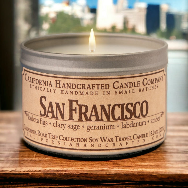 San Francisco Soy Wax Travel Candle | Kadota Figs + Clary Sage + Geranium | 8 oz Tin - California Handcrafted